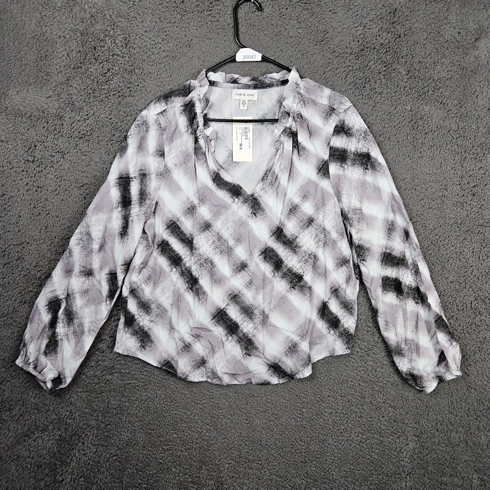 Cloth & Stone Evereve Ruffle Neck Blouse Frosty Grey Plaid Metallic Womens S
